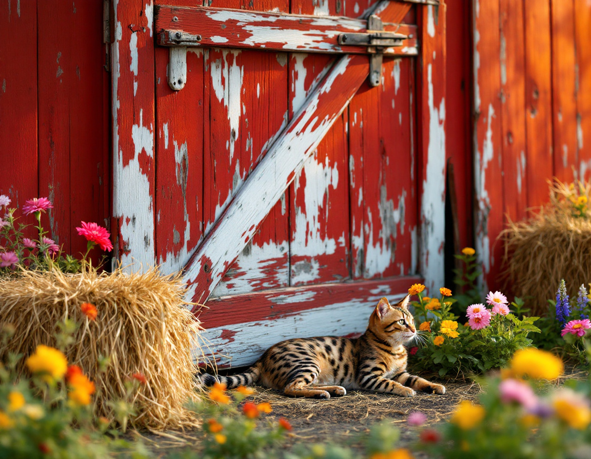 Cat rests peacefully near a barn, enjoying the tranquility of the countryside.